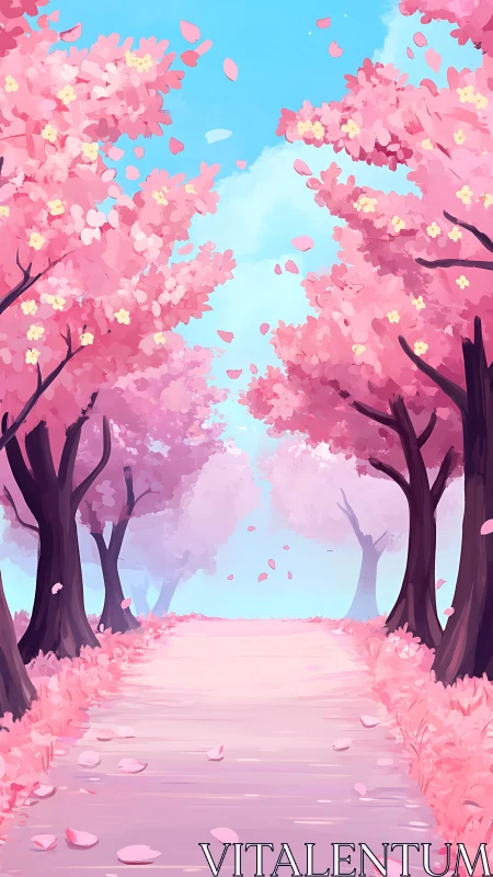 Cherry blossom path extends under bright blue spring sky