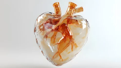 Transparent anatomical heart sculpture in modern digital art style.