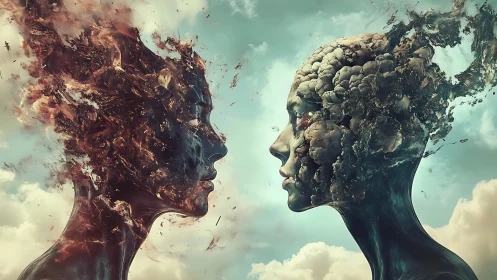 Two dissolving humanoid heads confront each other in clouds
