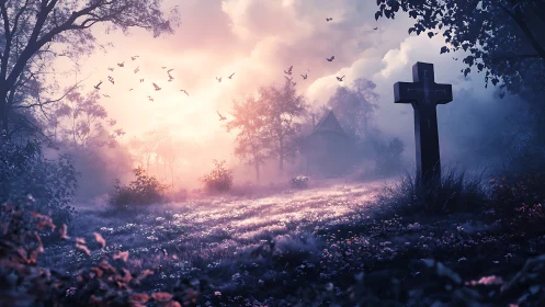 Cross-lit forest graveyard glows under ethereal sunrise light.