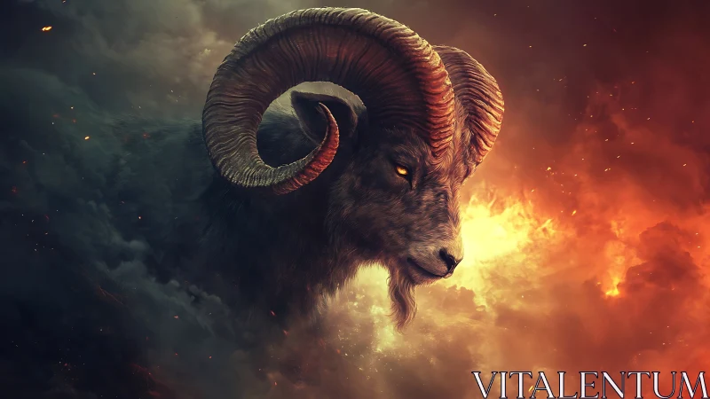 Ram head appears in dense clouds beside intense fire glow