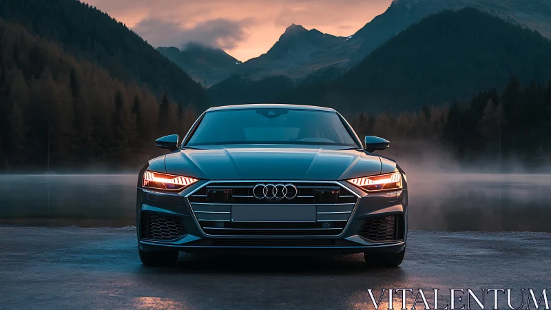 Midnight-blue sports sedan stares down the misty mountains