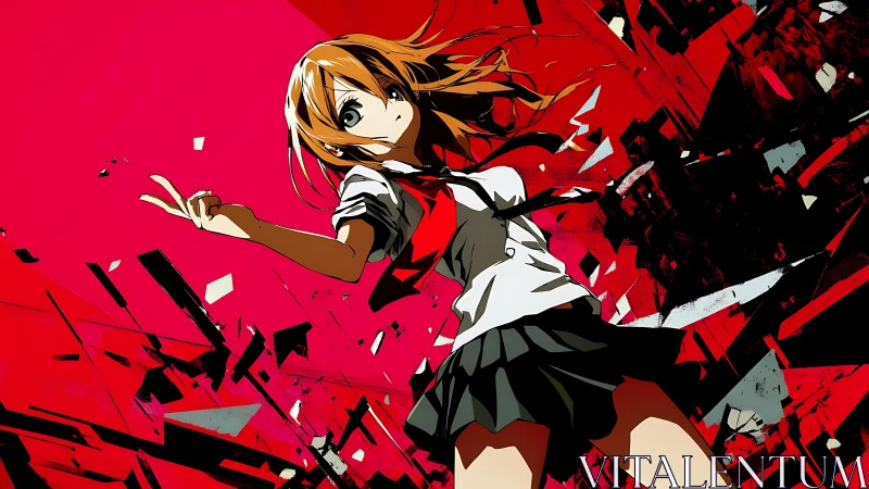 Dynamic anime heroine framed by bold red energy shards.