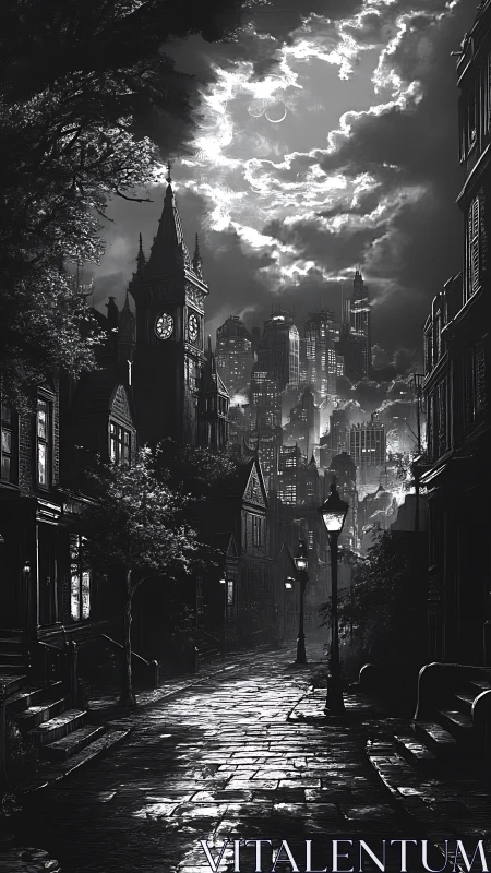 Noir metropolis under broken moonlit cumulonimbus ceiling.