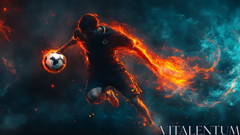 Soccer player in fiery motion against cool smoky backdrop.