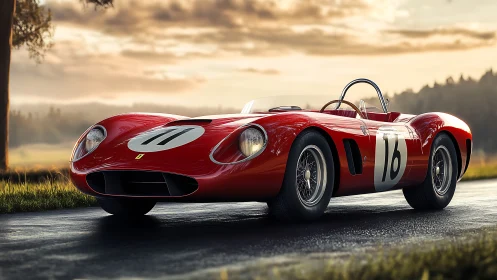 Vintage red race car gleams on wet road at golden sunset.