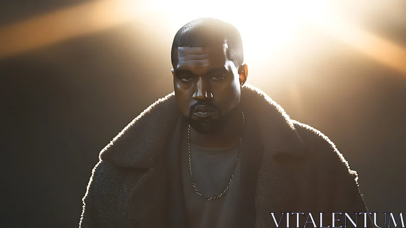 Moody portrait of man in coat under strong backlight.