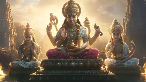 Divine Hindu deities in ornate temple basin under warm dusk light