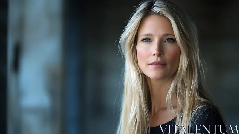 Calm blue-eyed gaze in soft urban shadowlight portraiture.