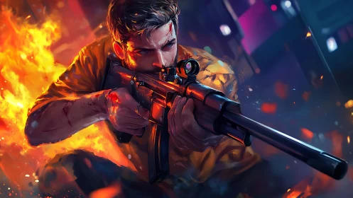 Blazing Marksman: Sniper in Fiery Inferno Combat.