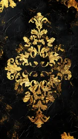 Gold baroque ornamental motif on textured black background.