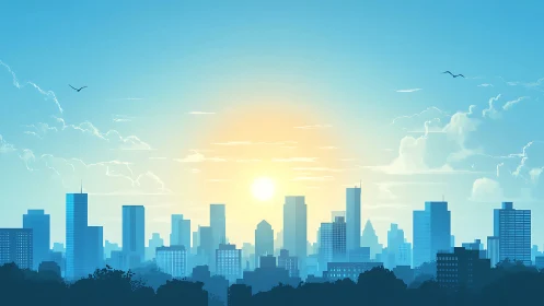 Digital sunrise skyline with layered blue highrise silhouettes.