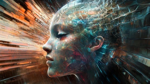 Neon-sculpted android mind dissolving into data streams.