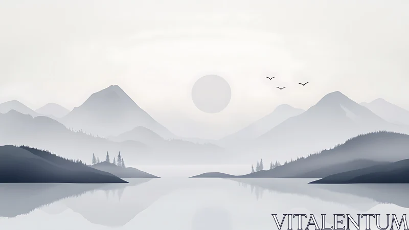Minimalist grayscale mountain lake with atmospheric depth rendering.