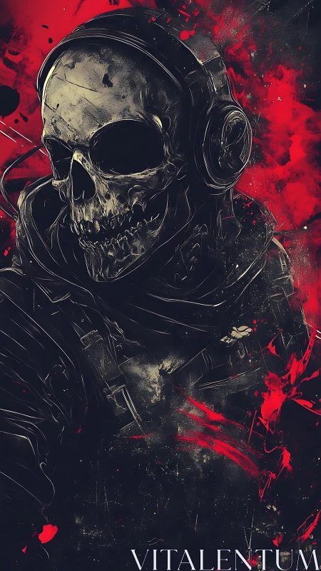 Skull-headed cyber soldier emerges in red chaos storm.