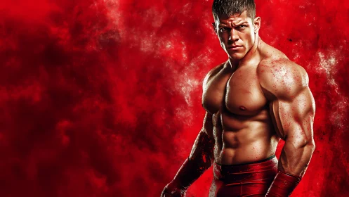 Muscular fighter against dynamic red textured backdrop.
