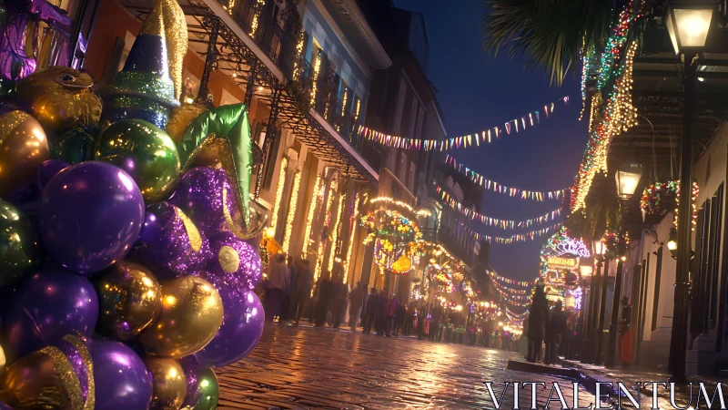 Color-rich Mardi Gras street scene glows with festive bokeh lighting