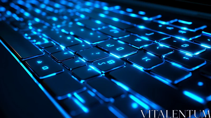 Neon keys ignite a futuristic blue digital nightscape.