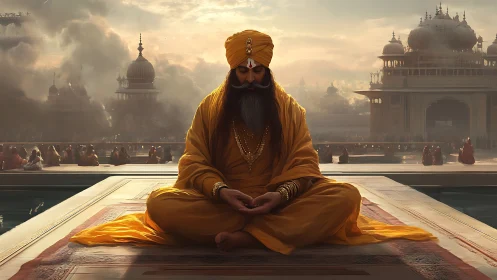 Serene turbaned sage meditates beside misty golden temple.