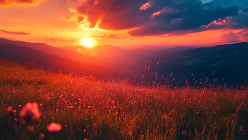 Digital painting sunset over wildflower alpine meadow panorama.