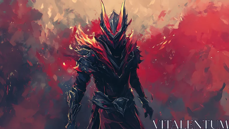 Armored infernal warrior emerges from abstract crimson storm