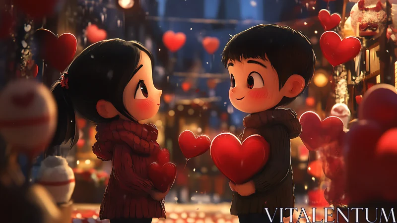 Two animated children exchange glowing hearts in festive cityscape.