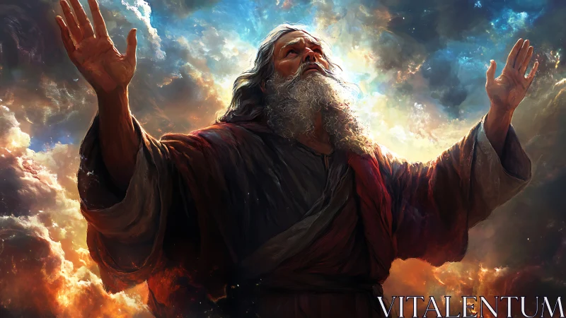 Elderly robed figure raises arms toward radiant sky.