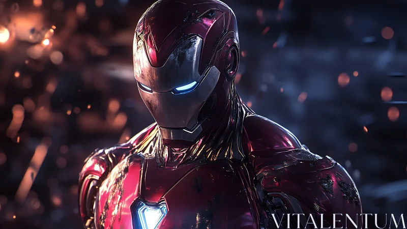 Battleworn crimson mech hero under stormlit ember drizzle.