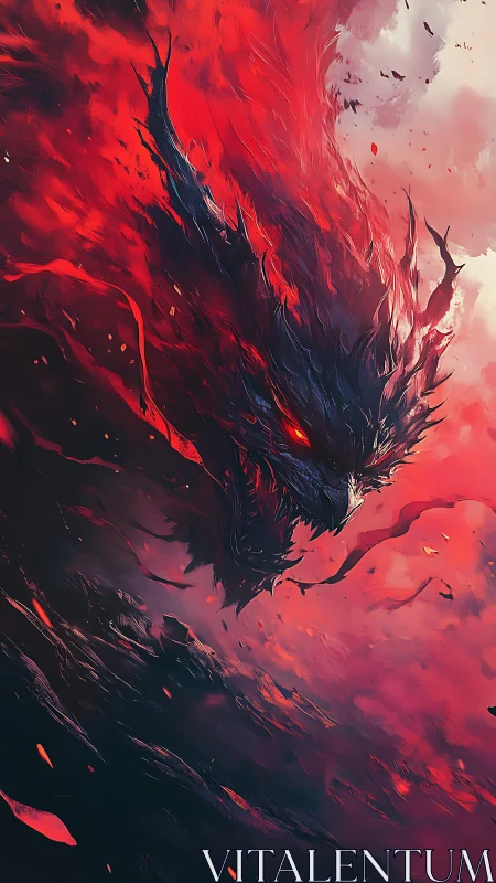 Infernal dragon spirit erupts through crimson storm clouds.