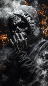 Hooded skull of embers and smoke in quiet, eerie thought.