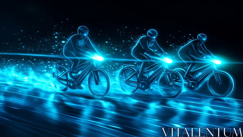 Glowing night riders racing through a neon blue dreamscape.
