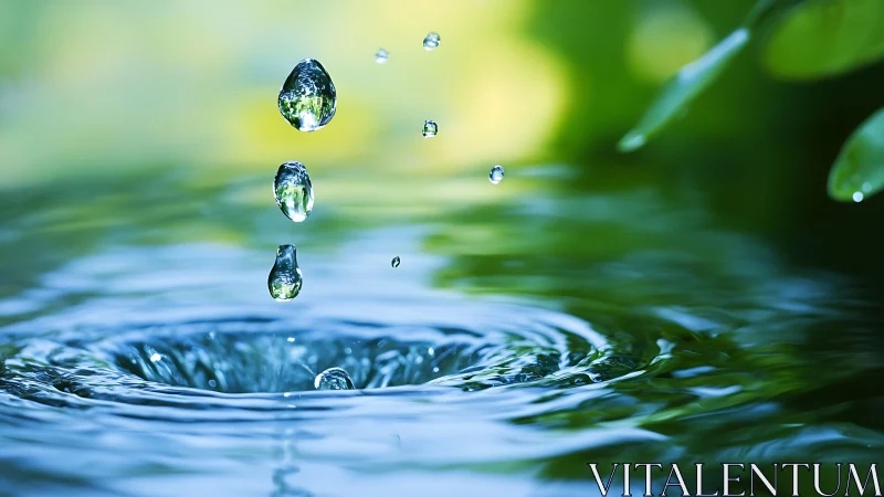 Gentle water droplets dancing over a quiet green pool.