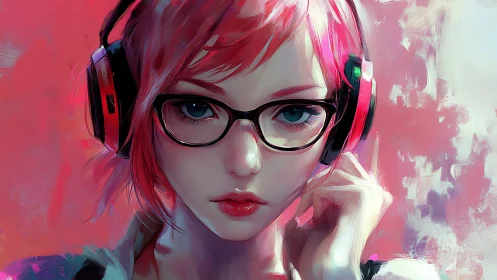 Soft pink-haired listener enjoys music in a dreamy glow