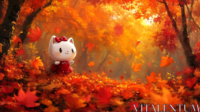 Kawaii white cat figurine in luminous autumn maple forest