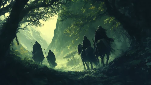 Riders in cloaks cross a misty forest pass at dawn.
