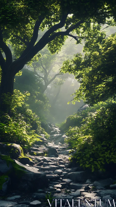 Forest stream passage with dense canopy coverage and diffused light penetration.