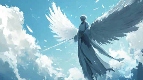Winged swordsman stands in bright blue sky with clouds.