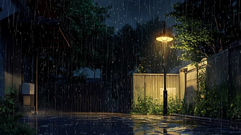 Nocturnal alleyway in heavy rain under a solitary streetlamp