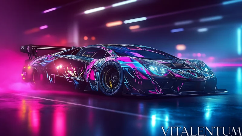 Neon-lit cyberpunk supercar racing through vapor haze.