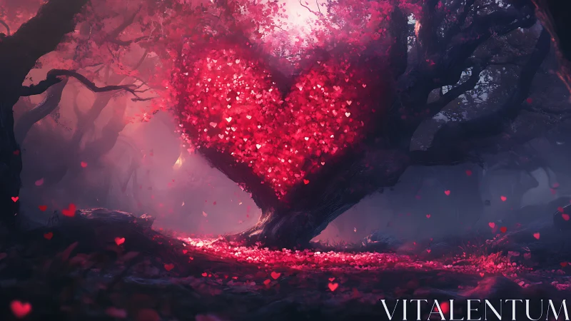 Glowing Heart Tree in Mystical Forest Landscape.