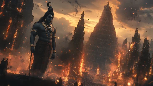 Majestic blue deity walking through fiery ancient ruins.