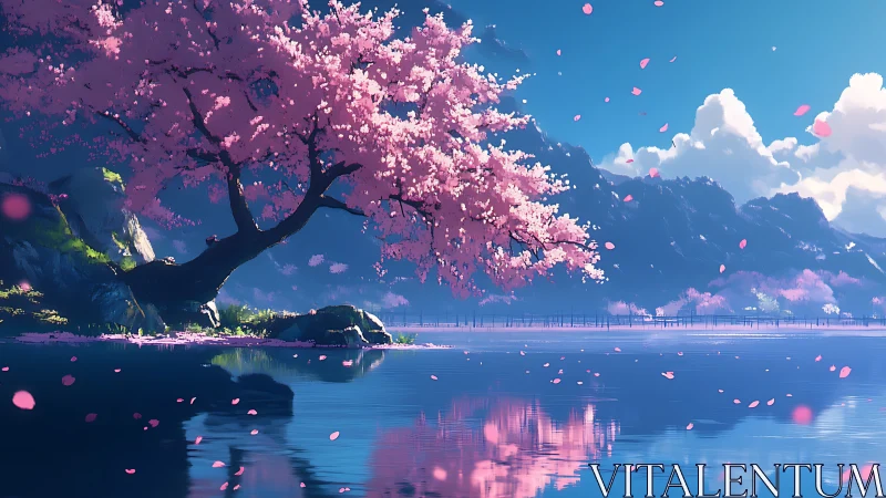 Cherry blossom tree over calm lake with mountain backdrop.