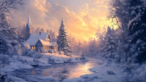 Winter chapel landscape captures warm sunset reflection over river