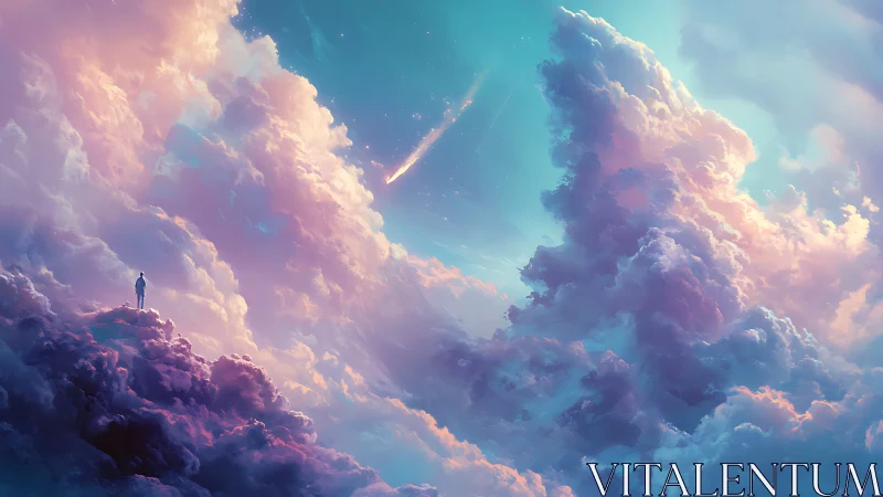 Solitary dreamer watches a falling star in pastel skies