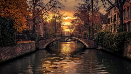 Golden hour over autumn canal bridge in historic city.