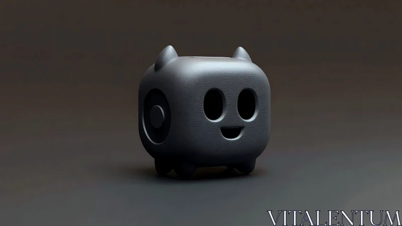 Black cubic creature figurine stands on dark gradient background