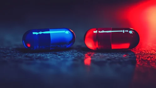 Red and blue capsules on wet surface under neon light.