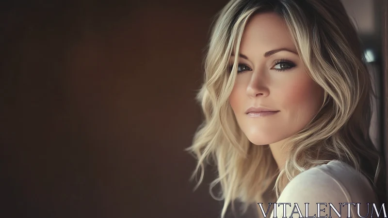 Soft-lit blonde portrait with serene sideways gaze.