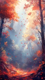 Autumn Forest Path with Falling Leaves