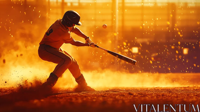 Backlit baseball hitter drives ball through glowing dust field.